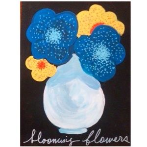 Original Painting of Blue and Yellow Flowers in Vase on Black Background